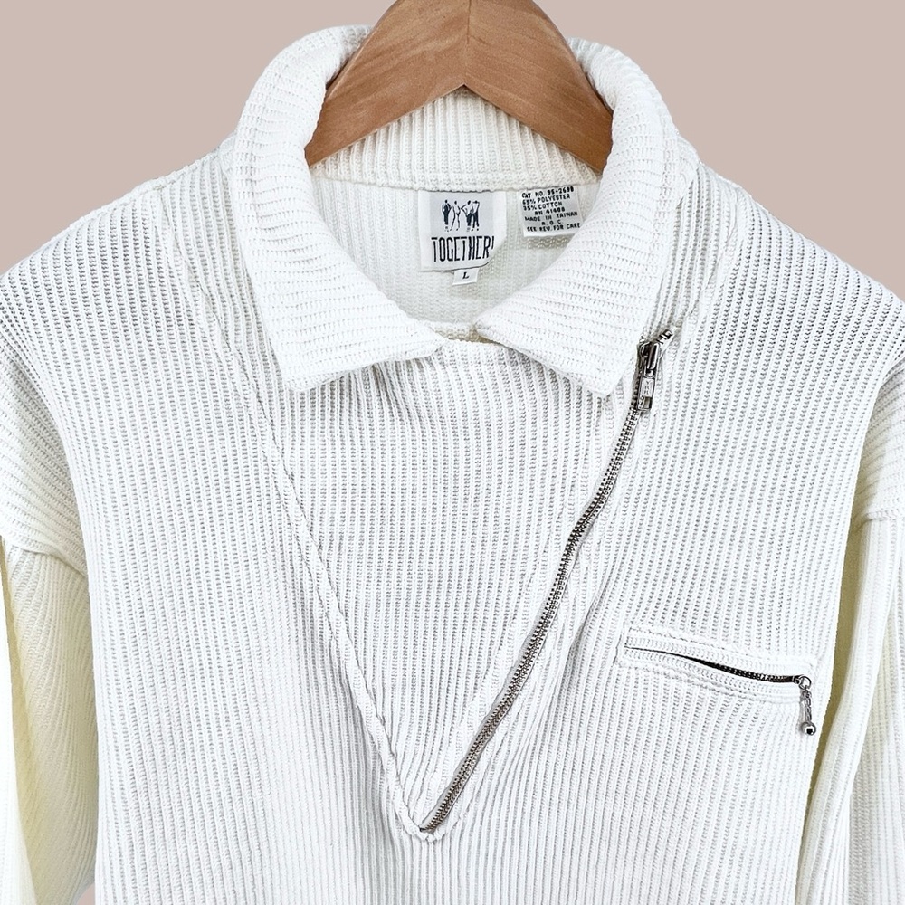 Vintage Together Ribbed Sweater Large Knit White Asymmetrical Zip Collared Moto - Picture 11 of 16